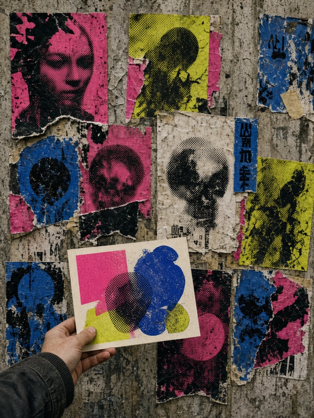 A wall of screen-printed club flyers and poster artwork