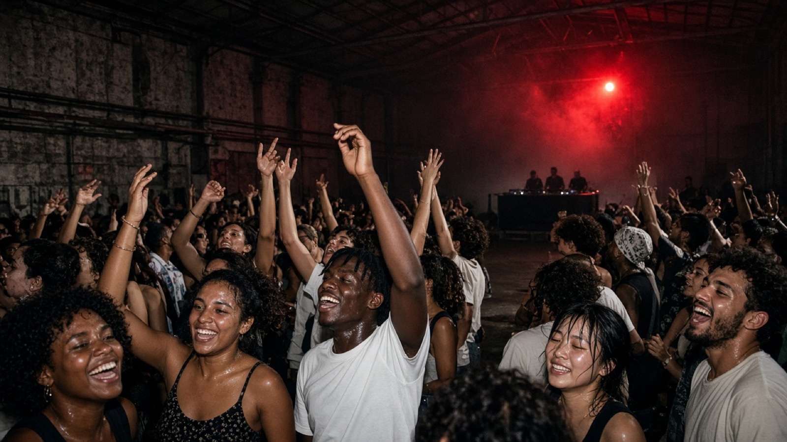 A diverse crowd dancing in a warehouse