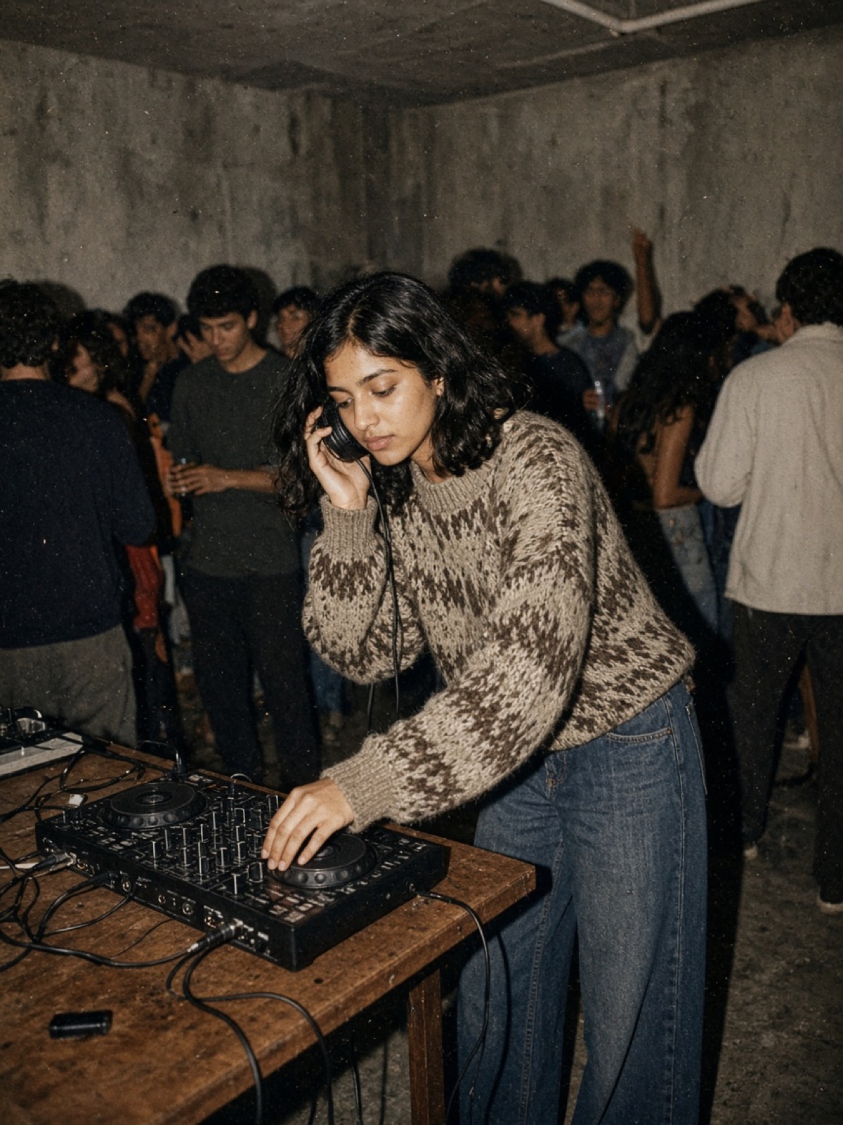 A DJ plays a compact controller at a crowded house party