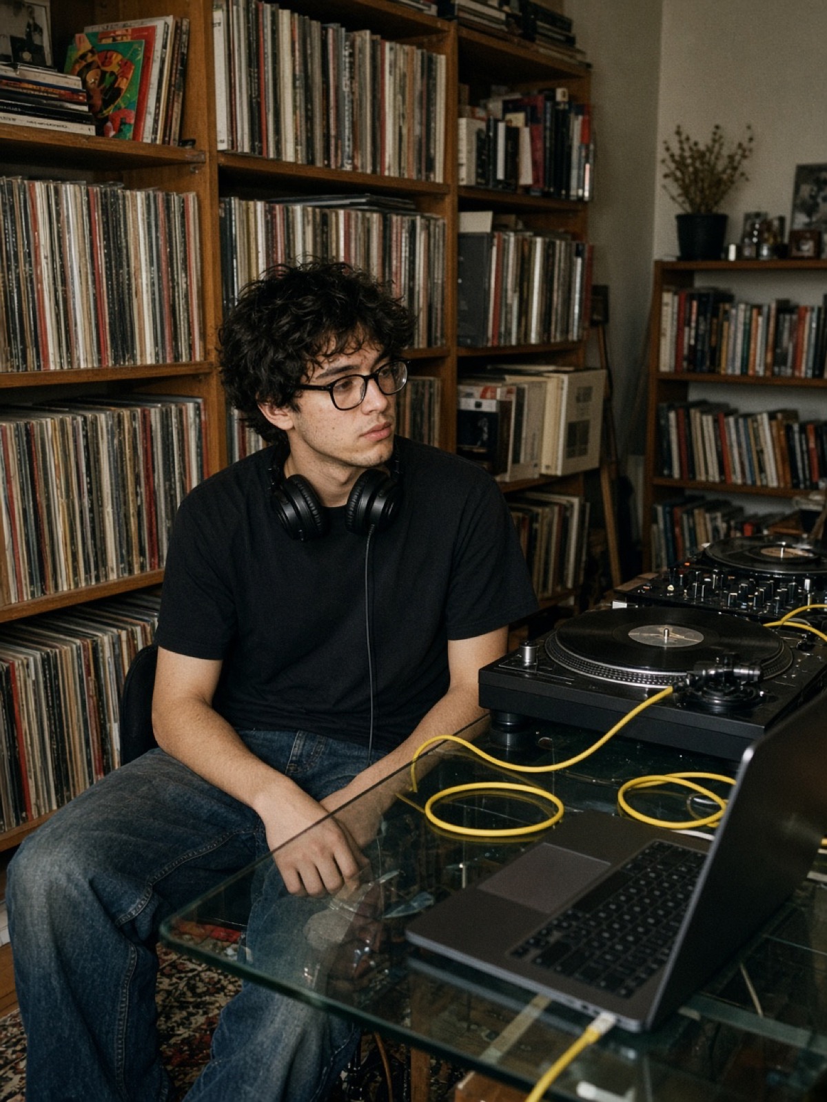 A DJ sits in a home studio surrounded by records